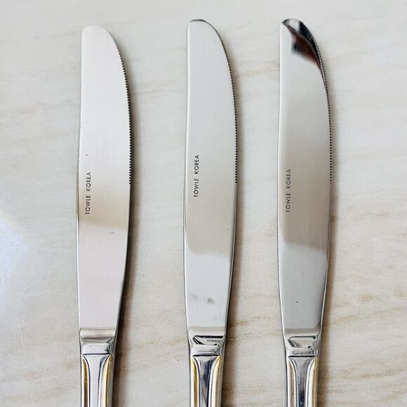 3pc TOWLE Beacon Hill Stainless Gold Accent Dinner Knife 9” Supreme 18/8 Glossy - Picture 4 of 8